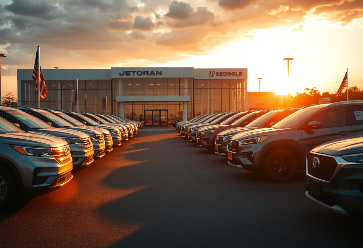 Modern auto dealership lot full of new inventory at golden hour