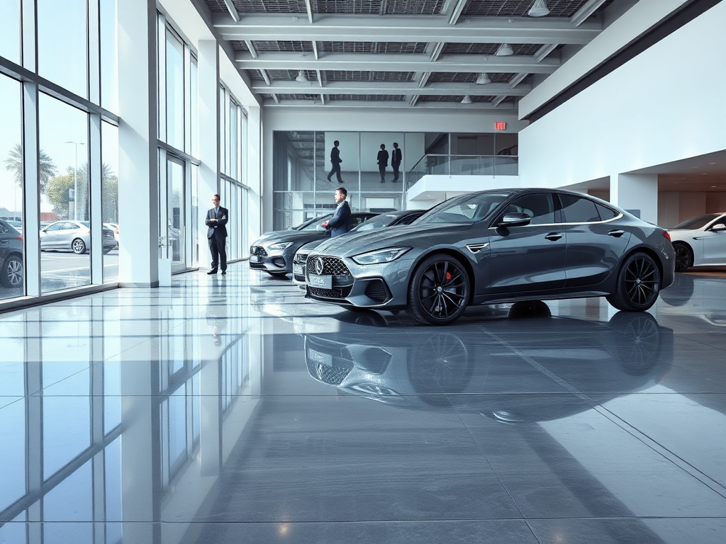 Upscale car dealership showroom floor with new vehicles